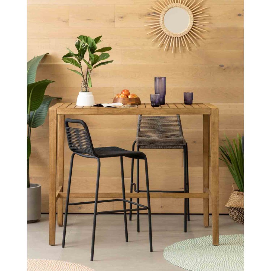 KAVE HOME Black Glenville barstol til haven, m. rygln og fodsttte - sort reb og stl (100cm)