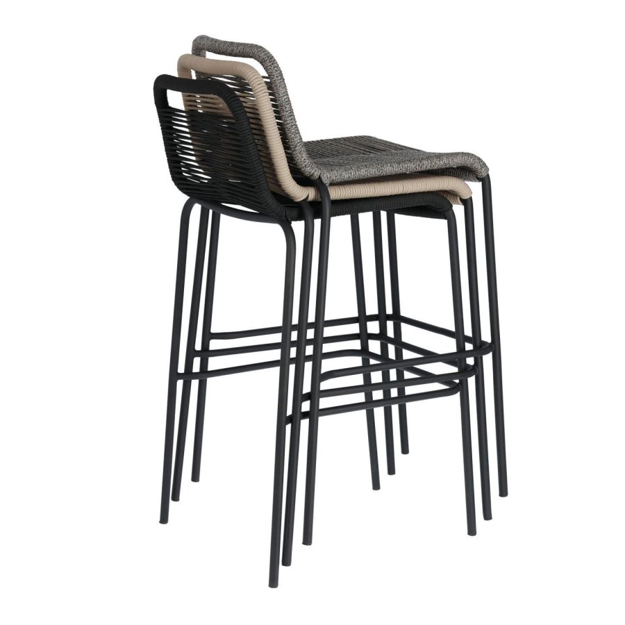 KAVE HOME Black Glenville barstol til haven, m. rygln og fodsttte - sort reb og stl (100cm)