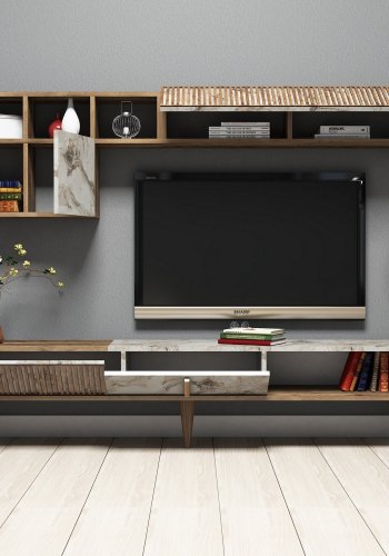 NORDVÄRK Milan TV-bord og vghylde - valnd/hvid marmorlook melamin (st med 2)