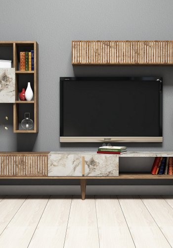 NORDVÄRK Milan TV-bord og vghylde - valnd/hvid marmorlook melamin (st med 2)