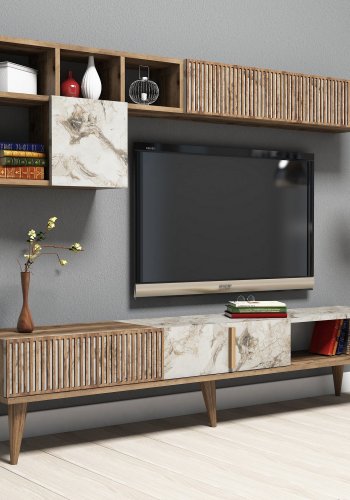 NORDVÄRK Milan TV-bord og vghylde - valnd/hvid marmorlook melamin (st med 2)