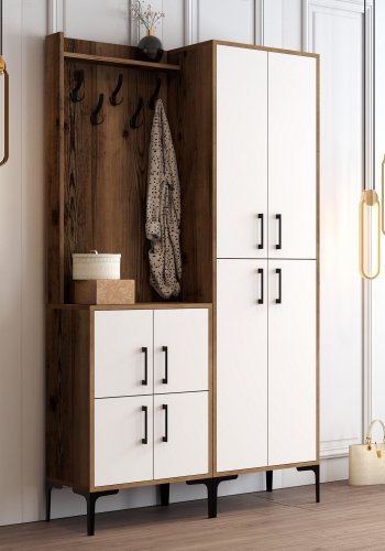 FUNZI LIVING Berlin BA entrést, m. 5 knager, 8 lger, 7 hylder - valndfarvet og hvid melamin