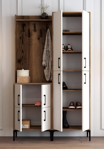 FUNZI LIVING Berlin BA entrést, m. 5 knager, 8 lger, 7 hylder - valndfarvet og hvid melamin