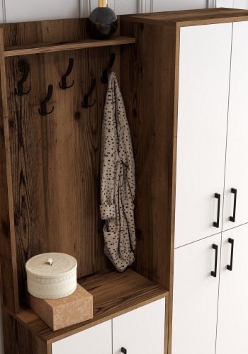 FUNZI LIVING Berlin BA entrést, m. 5 knager, 8 lger, 7 hylder - valndfarvet og hvid melamin