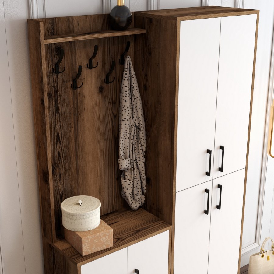 FUNZI LIVING Berlin BA entrést, m. 5 knager, 8 lger, 7 hylder - valndfarvet og hvid melamin