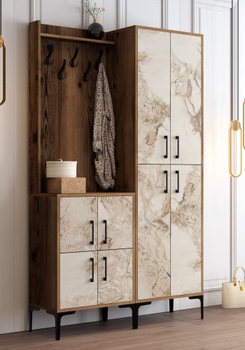 FUNZI LIVING Berlin BA entrést, m. 5 knager, 8 lger, 7 hylder - valndfarvet/hvid marmor melamin