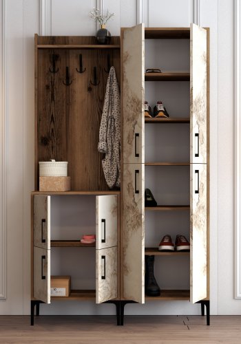 FUNZI LIVING Berlin BA entrést, m. 5 knager, 8 lger, 7 hylder - valndfarvet/hvid marmor melamin