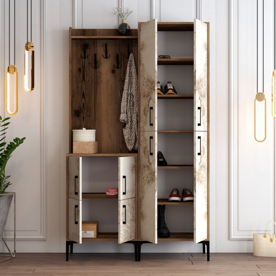 FUNZI LIVING Berlin BA entrést, m. 5 knager, 8 lger, 7 hylder - valndfarvet/hvid marmor melamin