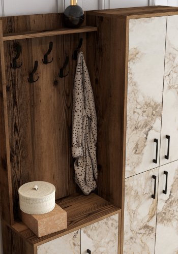 FUNZI LIVING Berlin BA entrést, m. 5 knager, 8 lger, 7 hylder - valndfarvet/hvid marmor melamin