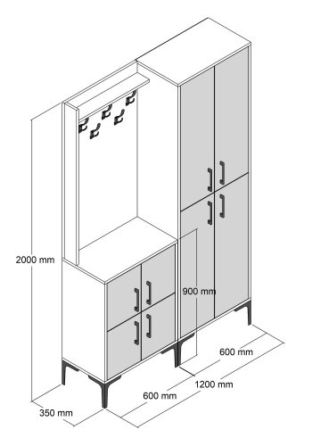 FUNZI LIVING Berlin BA entrést, m. 5 knager, 8 lger, 7 hylder - valndfarvet/hvid marmor melamin