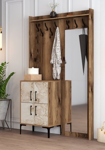 FUNZI LIVING Berlin BC entrést, m. spejl, 8 knager, 2 lger, 2 hylder - valndfarvet/marmor melamin