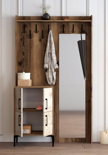 FUNZI LIVING Berlin BC entrést, m. spejl, 8 knager, 2 lger, 2 hylder - valndfarvet/marmor melamin