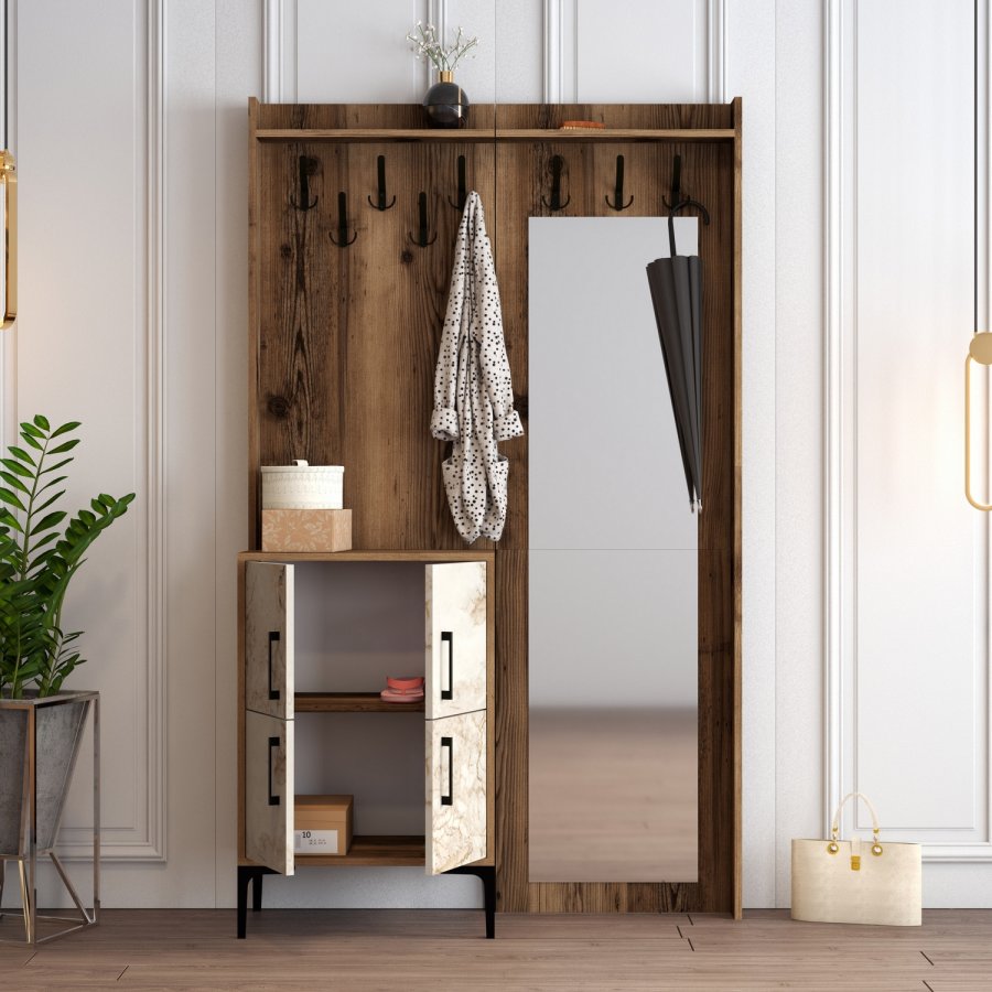 FUNZI LIVING Berlin BC entrést, m. spejl, 8 knager, 2 lger, 2 hylder - valndfarvet/marmor melamin