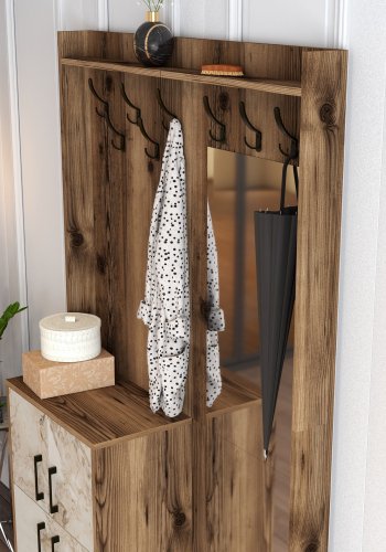 FUNZI LIVING Berlin BC entrést, m. spejl, 8 knager, 2 lger, 2 hylder - valndfarvet/marmor melamin