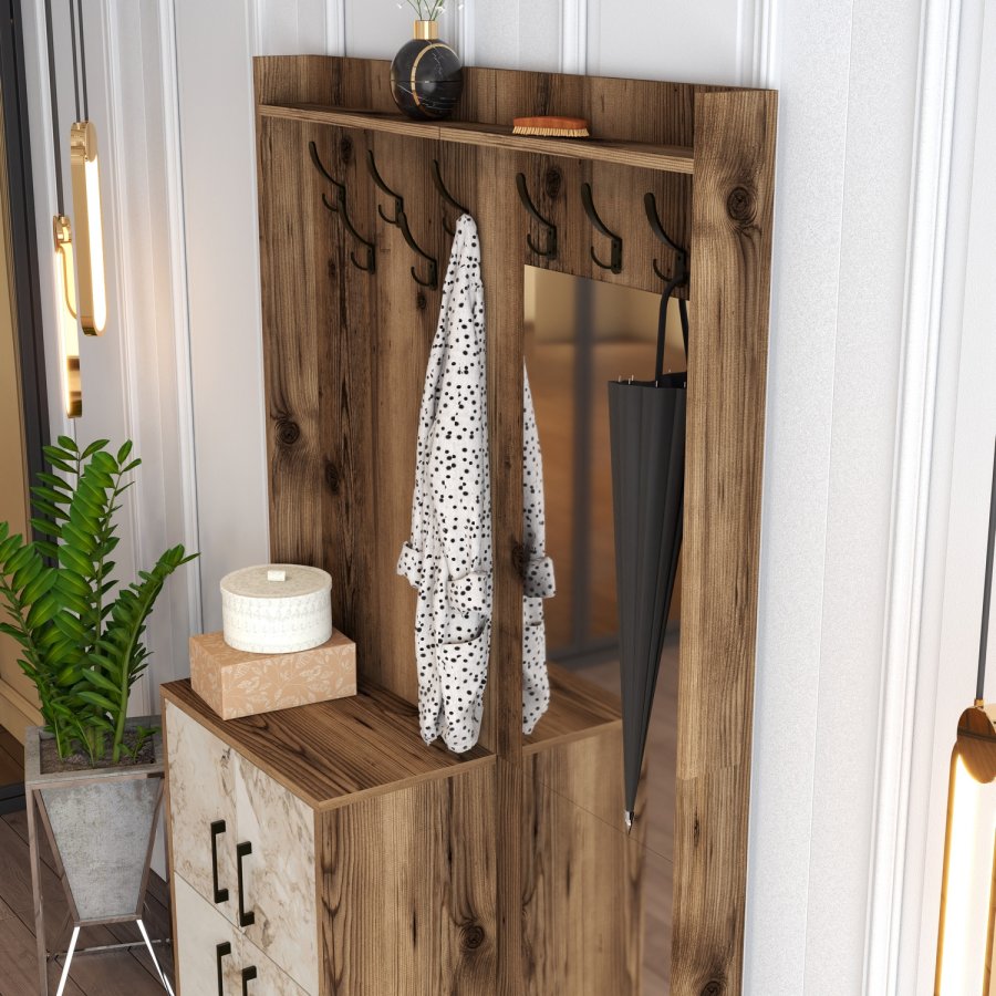 FUNZI LIVING Berlin BC entrést, m. spejl, 8 knager, 2 lger, 2 hylder - valndfarvet/marmor melamin