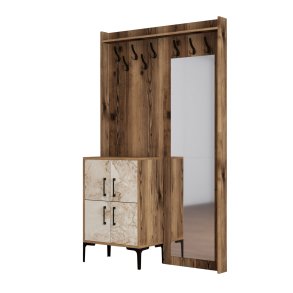 FUNZI LIVING Berlin BC entrést, m. spejl, 8 knager, 2 lger, 2 hylder - valndfarvet/marmor melamin