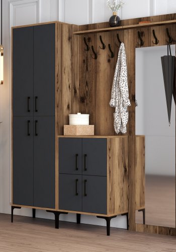 FUNZI LIVING Berlin ABC entrést, m. spejl, 8 knager, 8 lger, 7 hylder - valnd/antracit melamin