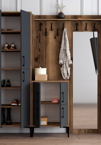 FUNZI LIVING Berlin ABC entrést, m. spejl, 8 knager, 8 lger, 7 hylder - valnd/antracit melamin