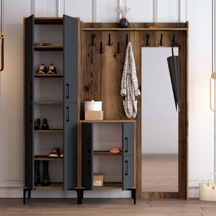 FUNZI LIVING Berlin ABC entrést, m. spejl, 8 knager, 8 lger, 7 hylder - valnd/antracit melamin