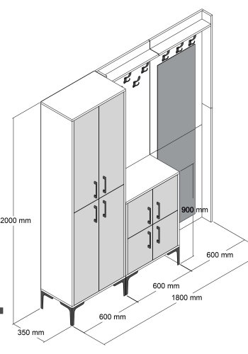 FUNZI LIVING Berlin ABC entrést, m. spejl, 8 knager, 8 lger, 7 hylder - valnd/antracit melamin