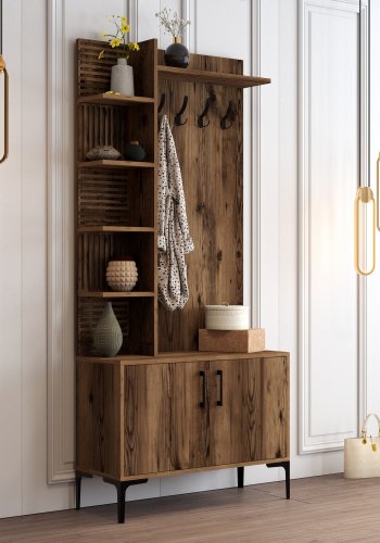 FUNZI LIVING Viyana D entrést, m. 4 knager, 2 lger og 7 hylder - valndfarvet melamin og metal