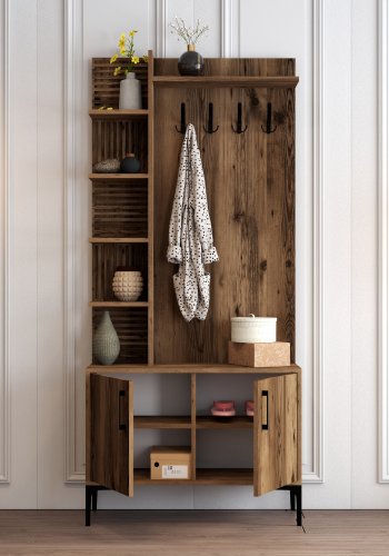 FUNZI LIVING Viyana D entrést, m. 4 knager, 2 lger og 7 hylder - valndfarvet melamin og metal