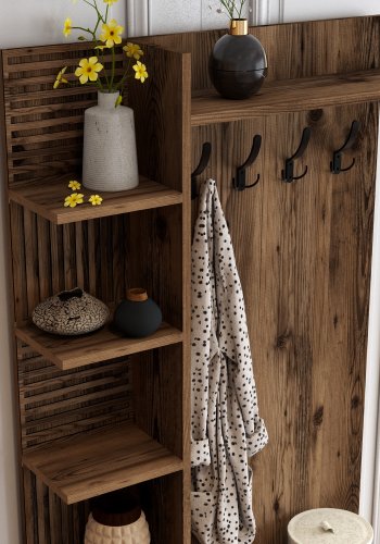 FUNZI LIVING Viyana D entrést, m. 4 knager, 2 lger og 7 hylder - valndfarvet melamin og metal