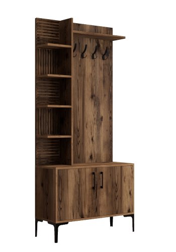 FUNZI LIVING Viyana D entrést, m. 4 knager, 2 lger og 7 hylder - valndfarvet melamin og metal