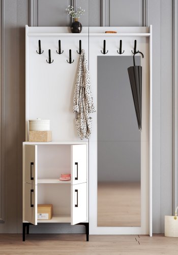 FUNZI LIVING Berlin BC entrést, m. spejl, 8 knager, 2 lger, 2 hylder - hvid melamin og metal