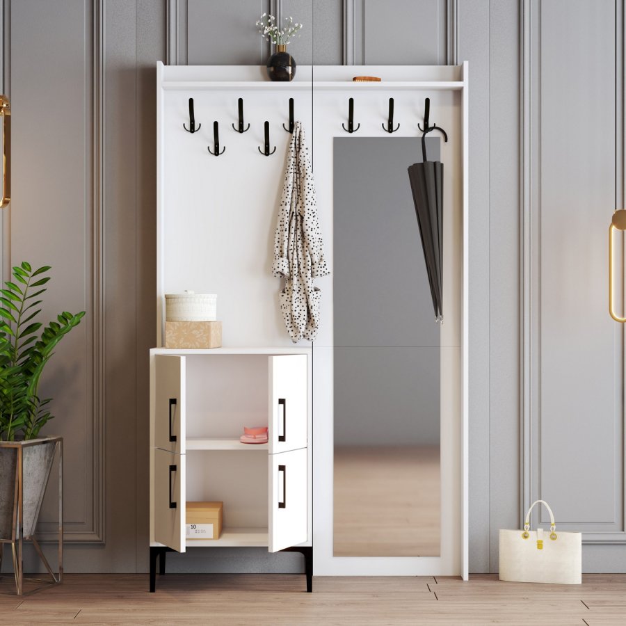 FUNZI LIVING Berlin BC entrést, m. spejl, 8 knager, 2 lger, 2 hylder - hvid melamin og metal