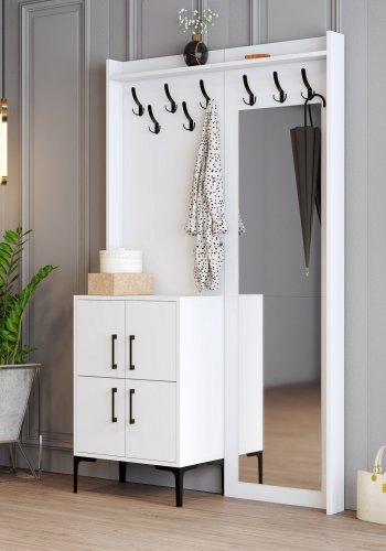 FUNZI LIVING Berlin BC entrést, m. spejl, 8 knager, 2 lger, 2 hylder - hvid melamin og metal