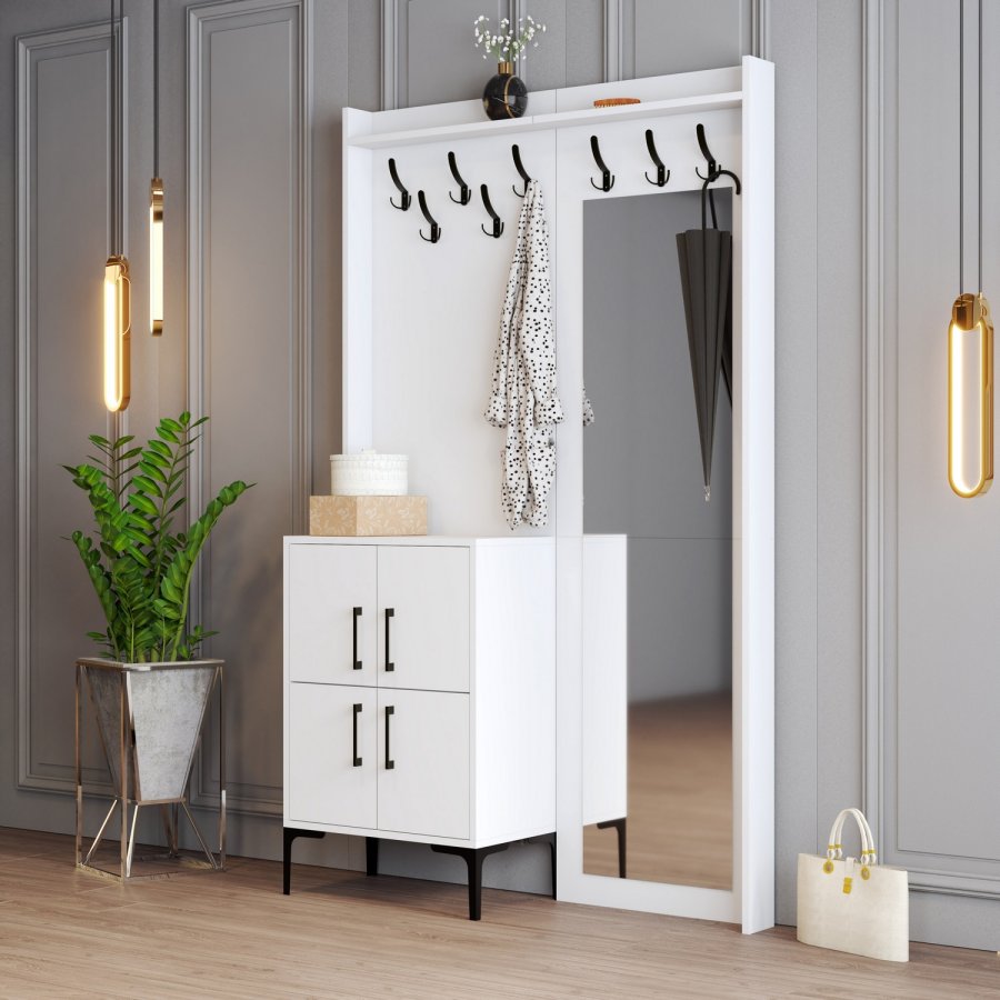 FUNZI LIVING Berlin BC entrést, m. spejl, 8 knager, 2 lger, 2 hylder - hvid melamin og metal