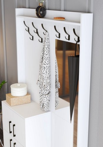 FUNZI LIVING Berlin BC entrést, m. spejl, 8 knager, 2 lger, 2 hylder - hvid melamin og metal