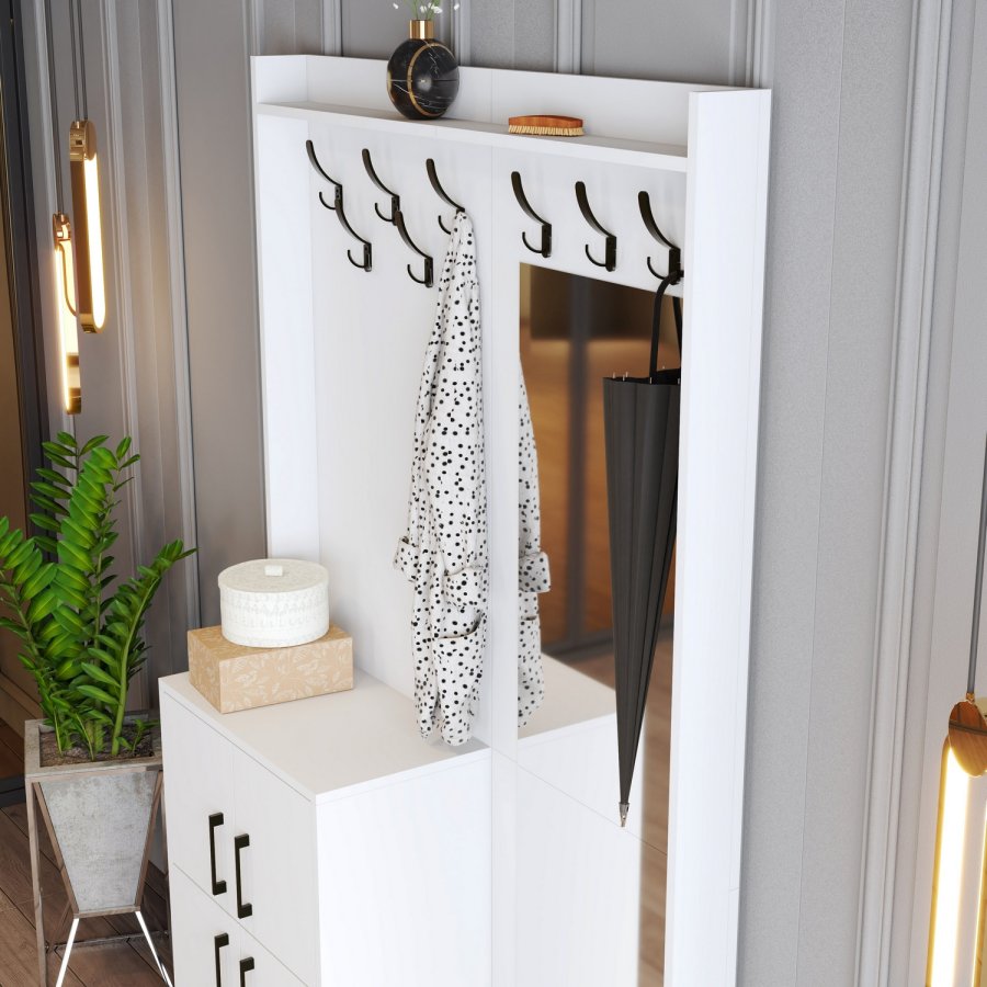 FUNZI LIVING Berlin BC entrést, m. spejl, 8 knager, 2 lger, 2 hylder - hvid melamin og metal