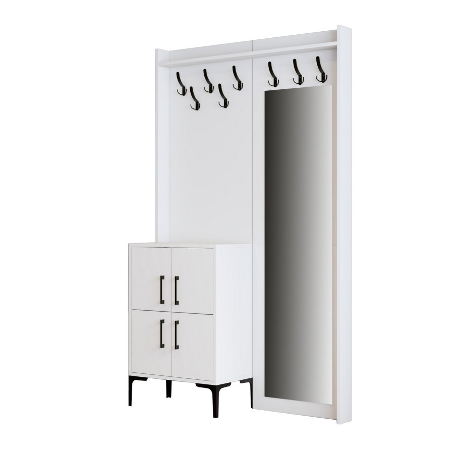 FUNZI LIVING Berlin BC entrést, m. spejl, 8 knager, 2 lger, 2 hylder - hvid melamin og metal