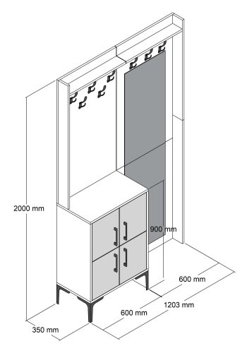 FUNZI LIVING Berlin BC entrést, m. spejl, 8 knager, 2 lger, 2 hylder - hvid melamin og metal