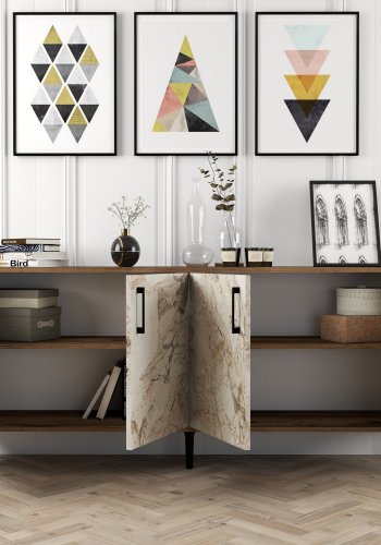 NORDVÄRK Kiev konsolbord, m. 4 lger, 2 hylder - valnd/hvid marmorlook melamin og metal (180x35)