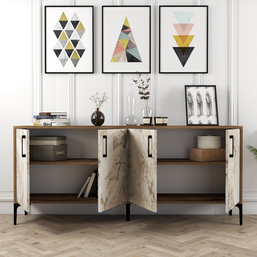 NORDVÄRK Kiev konsolbord, m. 4 lger, 2 hylder - valnd/hvid marmorlook melamin og metal (180x35)