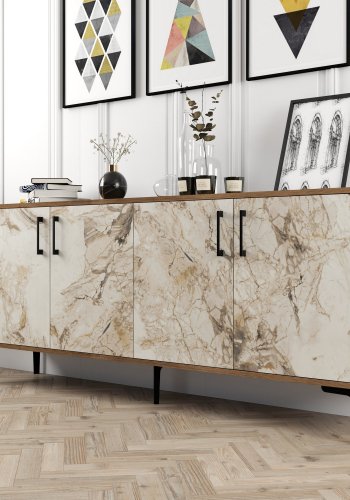 NORDVÄRK Kiev konsolbord, m. 4 lger, 2 hylder - valnd/hvid marmorlook melamin og metal (180x35)