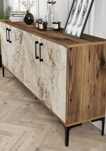 NORDVÄRK Kiev konsolbord, m. 4 lger, 2 hylder - valnd/hvid marmorlook melamin og metal (180x35)