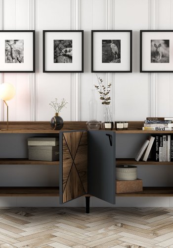 NORDVÄRK Venedik konsolbord, m. 4 lger og 2 hylder - valnd/antracitgr melamin og metal (180x35)