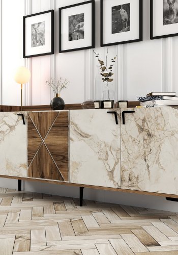 NORDVÄRK Venedik konsolbord, m. 4 lger, 2 hylder - valnd/hvid marmorlook melamin og metal (180x35)