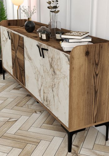 NORDVÄRK Venedik konsolbord, m. 4 lger, 2 hylder - valnd/hvid marmorlook melamin og metal (180x35)