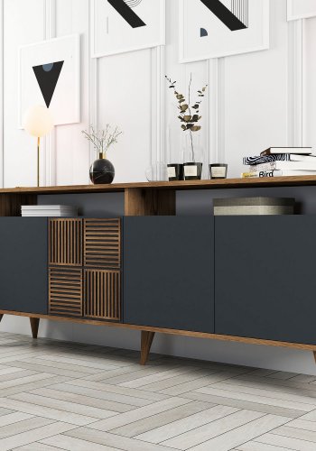 NORDVÄRK Milan konsolbord, m. 4 lger, 2 hylder, 2 rum - valnd/antracitgr melamin, plast (180x35)