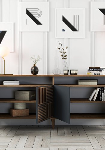 NORDVÄRK Milan konsolbord, m. 4 lger, 2 hylder, 2 rum - valnd/antracitgr melamin, plast (180x35)