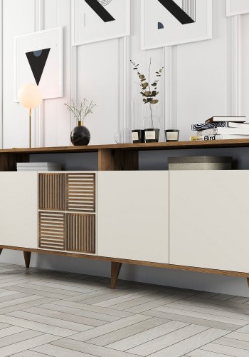 NORDVÄRK Milan konsolbord, m. 4 lger, 2 hylder, 2 rum - valnd/creme melamin og plast (180x35)