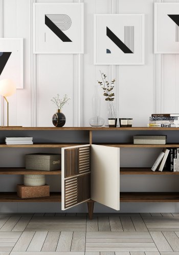 NORDVÄRK Milan konsolbord, m. 4 lger, 2 hylder, 2 rum - valnd/creme melamin og plast (180x35)