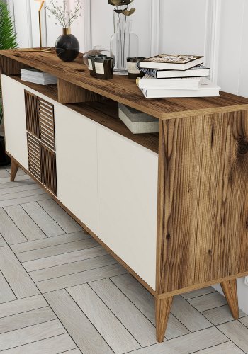 NORDVÄRK Milan konsolbord, m. 4 lger, 2 hylder, 2 rum - valnd/creme melamin og plast (180x35)