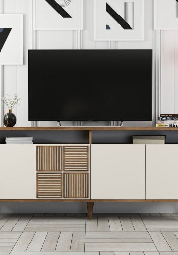 NORDVÄRK Milan konsolbord, m. 4 lger, 2 hylder, 2 rum - valnd/creme melamin og plast (180x35)