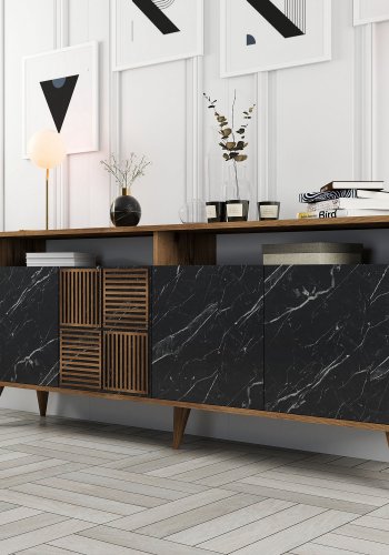 NORDVÄRK Milan konsolbord, m. 4 lger, 2 hylder, 2 rum - valnd/sort melamin og plast (180x35)